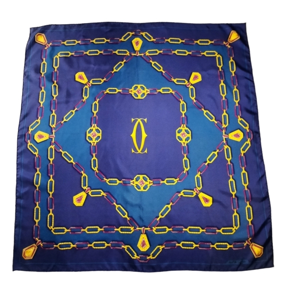 Pristine CARTIER Silk Twill Scarf 90cm Blue Square 35" + Horsebit Scarf Ring - Picture 8 of 13